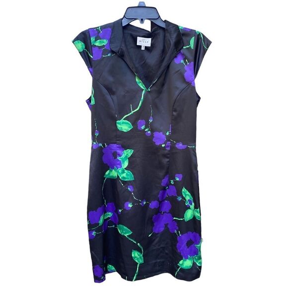 Milly Black Silk Feel Floral Dress Cutout Back Size 8 - Picture 2 of 6